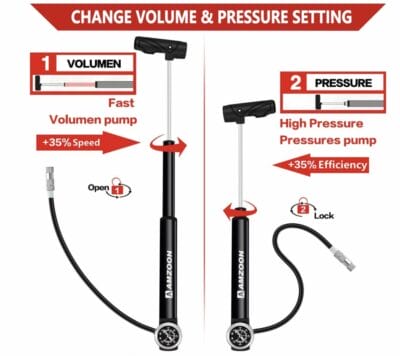 AMZOON Fahrradpumpe mit Manometer: Doppelkolben, flexibler Schlauch, leicht, kompatibel mit allen Ventilen, ideal für unterwegs.