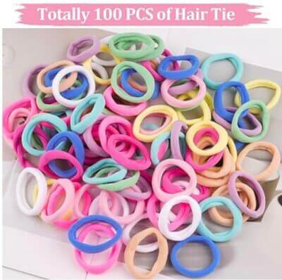 100 Stück Haargummi-Set in bunten Farben, ideal für jeden Stil, praktisch im Reißverschlussbeutel.