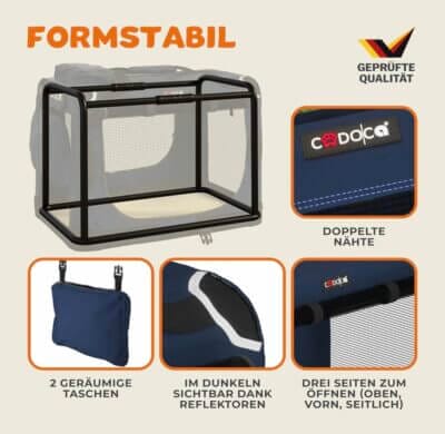 Cadoca® Hundetransportbox: Faltbar, robust, sicher und komfortabel für Reisen, atmungsaktiv, pflegeleicht in Navy Blau.