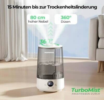 Homvana Luftbefeuchter: Leiser Betrieb, einfaches Nachfüllen, 7-Farben-Nachtlicht. Optimales Raumklima für Schlafzimmer und Kinderzimmer.