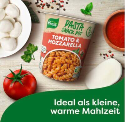 Knorr Pasta Snack Pot Tomato & Mozzarella: Schnell zubereitet, köstlich, ideal für unterwegs. In nur 5 Minuten!
