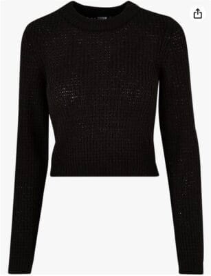 Urban Classics Damen Sweatshirt: kurz, Waffelstruktur, breite Rippbündchen, Schwarz, hoher Tragekomfort, vielseitig kombinierbar.