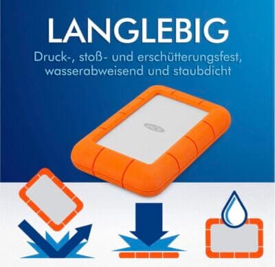 LaCie Rugged Mini 2TB: Tragbare Festplatte für PC & Mac, USB-C, inkl. 2 Jahre Rescue Service.