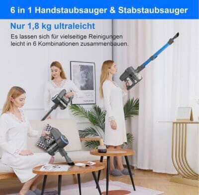 Kabelloser Akku Staubsauger: 20000pa Saugleistung, ultraleicht, 40 Min Laufzeit, ideal für Tierhaare und alle Böden.