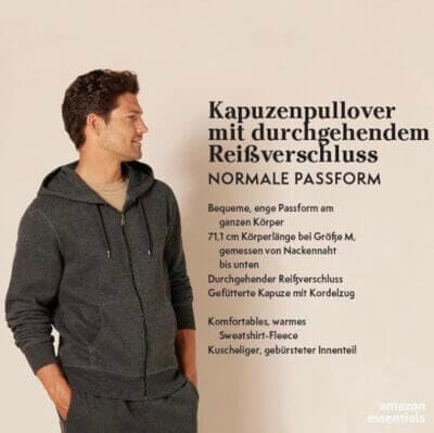 Amazon Essentials Herren Fleece-Sweatshirt, Marineblau: Lockerer Schnitt, durchgehender Reißverschluss, Kapuze, warm und komfortabel.