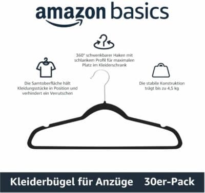 Organisiere deinen Kleiderschrank mit dem 30er-Pack schwarzer Samtbügel von Amazon Basics.
