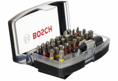 Bosch 32tlg. Schrauberbit-Set: Vielseitig, robust, mit praktischem Gürtelclip und farbcodierten Bits.