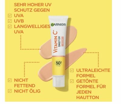 Hoher LSF, Vitamin C: Garnier Sonnencreme für strahlende Haut. 