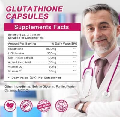 Liposomale Glutathion Kapseln: 1000mg, unterstützt Detox, Antioxidans, Immunsystem, verbesserte Absorption mit L-Glutamin, 120 Kapseln.