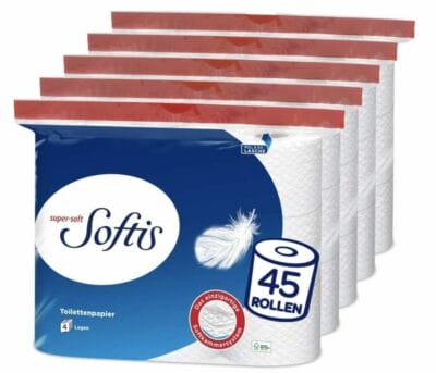 Softis 4-lagiges Toilettenpapier | 45 Rollen-Packung (5 x 9 Einzelpackungen)