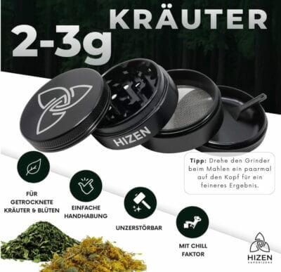 HIZEN Alu Grinder: Robust, kompakt, effizient. Ideal für Kräuter und Gewürze, mit Pollensieb und Schaber.