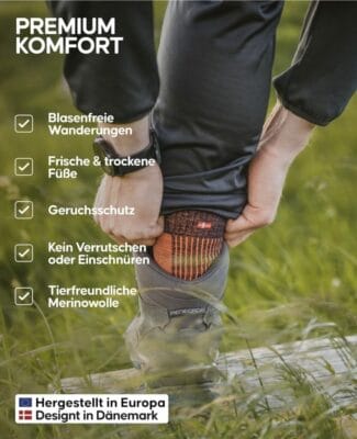 DANISH ENDURANCE Merino Wandersocken: Gepolstert, anti-blasen, OEKO-TEX zertifiziert, für Herren & Damen, 3 Paar.