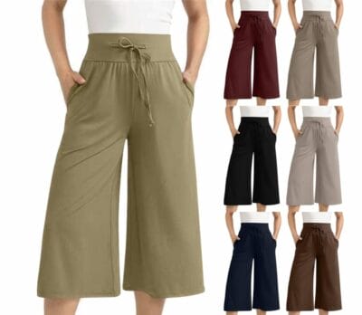 Bequeme Damen Jogginghose mit High Waist, Taschen und weitem Bein – ideal für Sport und Alltag.