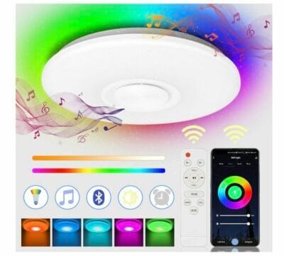 Eine dimmbare LED-Deckenleuchte mit Bluetooth-Lautsprecher und Farbwechsel – steuerbar per App und Fernbedienung!