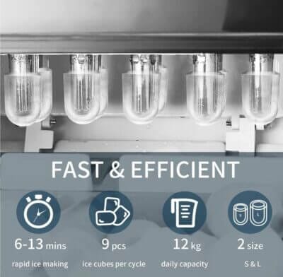 Eiswürfelmaschine: 12 kg/Tag, 6-min Produktionszeit, leise, kompakt, mit Selbstreinigungsfunktion für kalte Getränke.