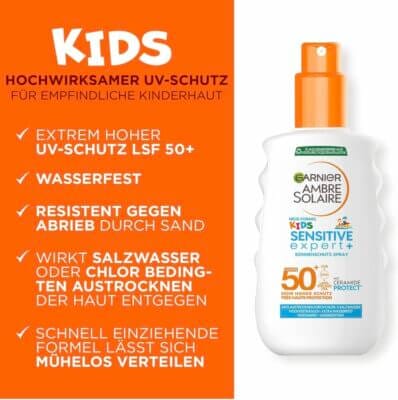 Garnier Sonnencreme für Kinder LSF 50+: Wasserfest, sandresistent, schnell einziehend, 150 ml Sonnenschutzspray.