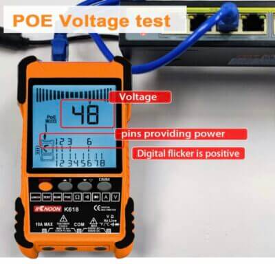 KKnoon Netzwerk-Kabeltester: LCD-Display, PoE, Multimeter-Funktionen, präzise Messungen von Spannung und Widerstand.