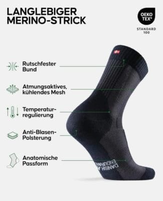 DANISH ENDURANCE Merino Wandersocken: Atmungsaktiv, gepolstert, Anti-Blasen, für Herren & Damen, 3 Paar.