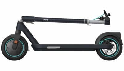 Odys faltbarer E-Scooter: Straßenzulassung, 100 km Reichweite, duales Bremssystem, Luftreifen, IP55.