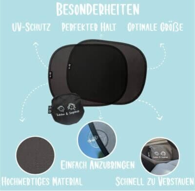 Sonnenschutz Auto Baby mit UPF50+ UV-Schutz, einfache Anbringung, universelle Passform, inklusive Aufbewahrungstasche.