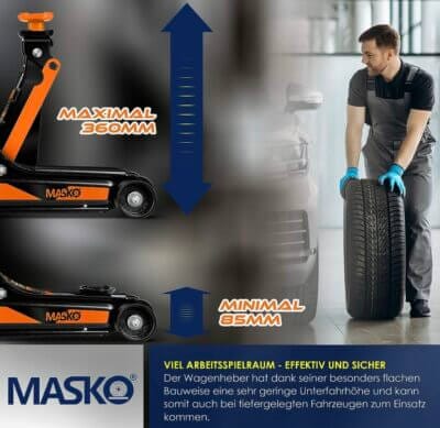 MASKO® hydraulischer Wagenheber 2,5T: Flache Hubhöhe, robust, mit Gummiauflagen und inklusive Montagehandschuhe.