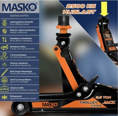 MASKO® Wagenheber 2,5T: hydraulisch, flach, inkl. Koffer, Gummiauflage und Handschuhe, ideal für Auto und Werkstatt.