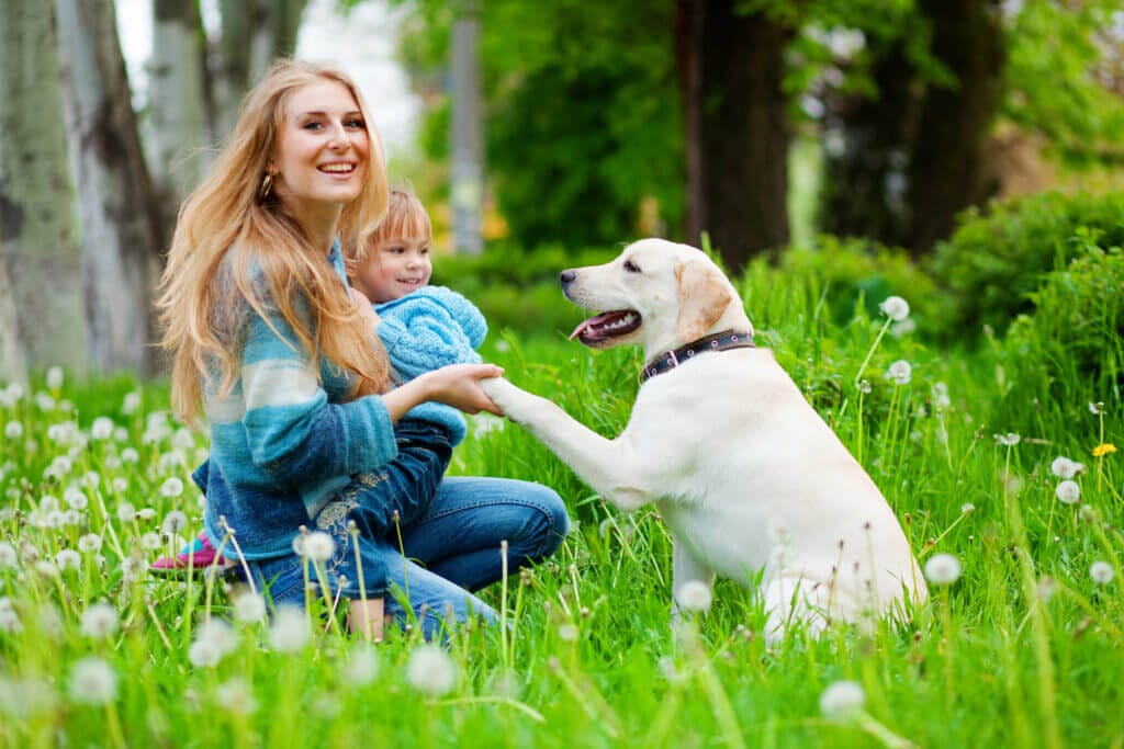 Eine Junge Familie sitzt mit ihrem Hunde im Garten. Geschützt mit Zeckenschutzmitteln