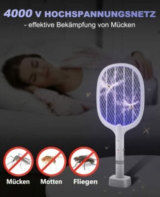 Effektive AOKKR elektrische Fliegenklatsche mit 4000V und UV-Licht. Einfach aufladbar, ideal gegen Insekten.