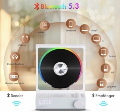 HOTT CD-Player mit Bluetooth 5.3, RGB-Lichtern, HiFi-Sound, langlebiger Akku, ideal für Zuhause.