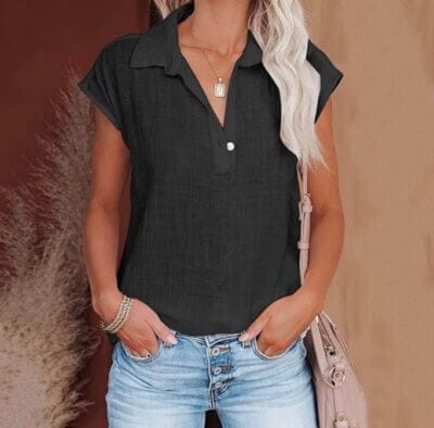 Elegante Musselin Bluse für Damen: Leinen, V-Ausschnitt, kurzarm. Perfekt für stilvolle Sommerlooks.