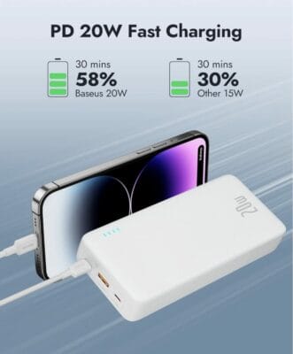 Baseus Power Bank 20000mAh: 20W Schnellladung, USB-C, 2 Ausgänge. Ideal für iPhone, Samsung, Tablets.