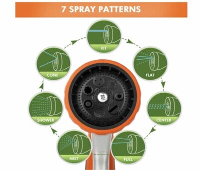 RESTMO Metall Gartenbrause: 7 Sprühfunktionen, ergonomisch, robust, einstellbarer Wasserdurchfluss, ideal für Bewässerung und Reinigung.