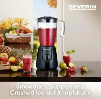 SEVERIN Standmixer: 1,5L Tritanbehälter, 600W, 2 Stufen, Pulse-Funktion, Edelstahlmesser, QR-Rezepte, leicht zu reinigen.