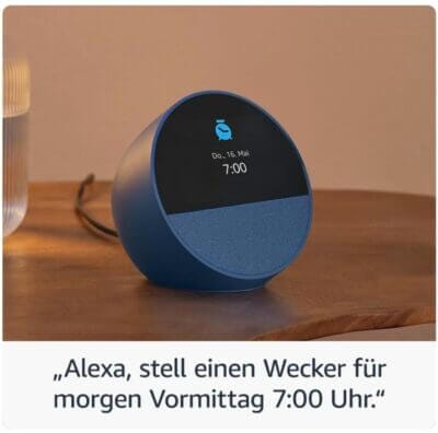 Neuer Amazon Echo Spot: Smarter Wecker, großartiger Klang, Alexa integriert, personalisierbar, nachhaltiges Design.