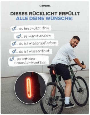 Sicher unterwegs mit Büchel LED Rücklicht: StVZO zugelassen, Bremsanzeige, Akkukontrolle, ideal für Fahrrad und E-Bike.