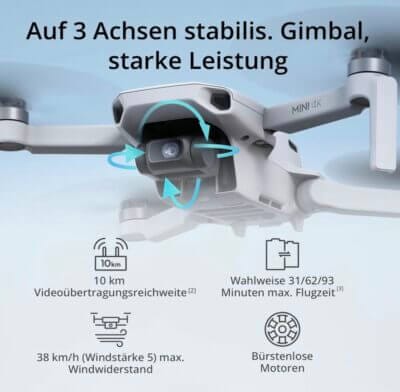 DJI Mini 4K Drohne: Leicht, 4K UHD Kamera, 3-Achsen-Gimbal, 10 km Reichweite, 31 min Flugzeit.