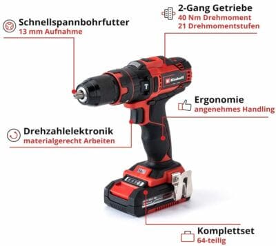 Leistungsstark und flexibel: Einhell Schlagbohrschrauber-Set mit 2 Akkus, Koffer und umfangreichem Zubehör.