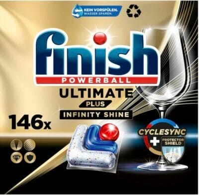 Intensive Reinigung und strahlender Glanz: Finish Ultimate Plus Infinity Shine Spülmaschinentabs mit 3-fach Fettlösekraft.