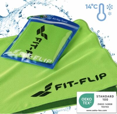 Fit-Flip Kühlhandtuch: Effektive Verdunstungskälte, chemiefrei, 55% Polyamid, ideal für Sport und Outdoor-Aktivitäten.