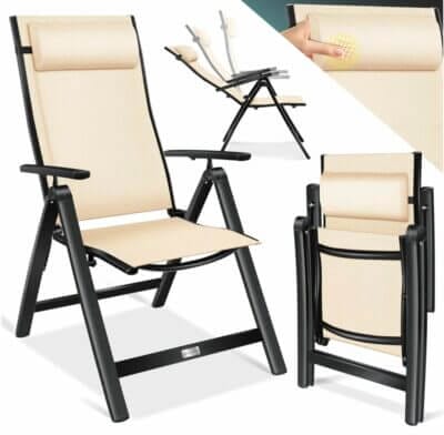 KESSER® Campingstuhl: Ergonomisch, langlebig, wetterfest, 7-fach verstellbar, inkl. Kopfkissen, stabiler Aluminiumrahmen, Beige.