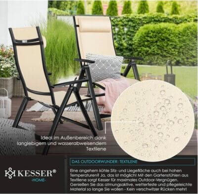 KESSER® Gartenstuhl: Hochlehner, Aluminium, 7-fach verstellbar, wetterfest, mit Kopfkissen und Anti-Rutsch Füßen.