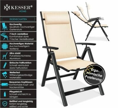 Komfortabler KESSER® Klappstuhl: Verstellbare Rückenlehne, wetterbeständig, faltbar, ideal für Garten, Terrasse, Balkon.