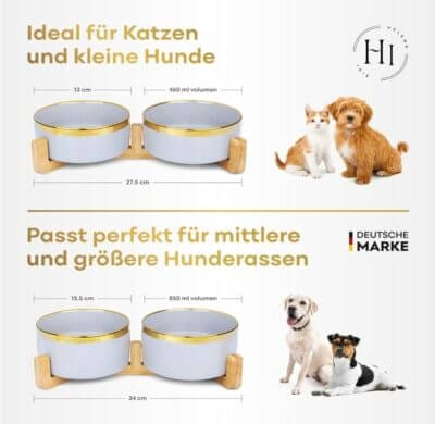 Stilvolles Keramik Futternapf 2er Set mit Bambusständer: rutschfest, 450ml, ideal für Katzen und Hunde.