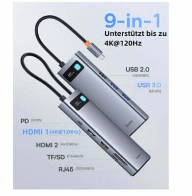 Mit der Baseus 9 in 1 Docking Station USB C erlebst Du Konnektivität und Leistung auf einem neuen Level.