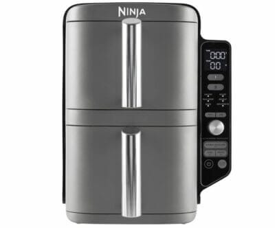 Ninja Air Fryer: 6 Kochfunktionen, 9,5L, spülmaschinenfest, zwei Schubladen, energiesparend, stilvolles Design in Grau.