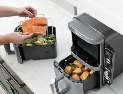 Ninja Double Stack XL Air Fryer: 9,5L, 6 Funktionen, energieeffizient, 2 Schubladen, platzsparend, grau.