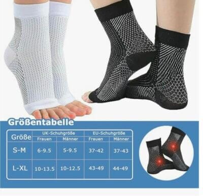 Kompressionssocken, orthopädische Sprunggelenkbandage, in schwarz und weiß mit Größentabelle 