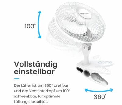 Leistungsstarker Pro Breeze Clip Fan: Flexibles Gelenk, leise, sicher, 15 cm Durchmesser, perfekte Abkühlung.