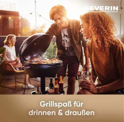 Genieße perfektes BBQ: SEVERIN Elektrogrill mit Thermometer, Windschutz, und entnehmbarer Fettauffangschale.
