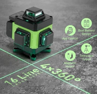 Präziser Weytoll Kreuzlinienlaser mit Stativ: 360°-Linien, 2400mAh Akkus, drahtlose Steuerung und magnetische Halterung.